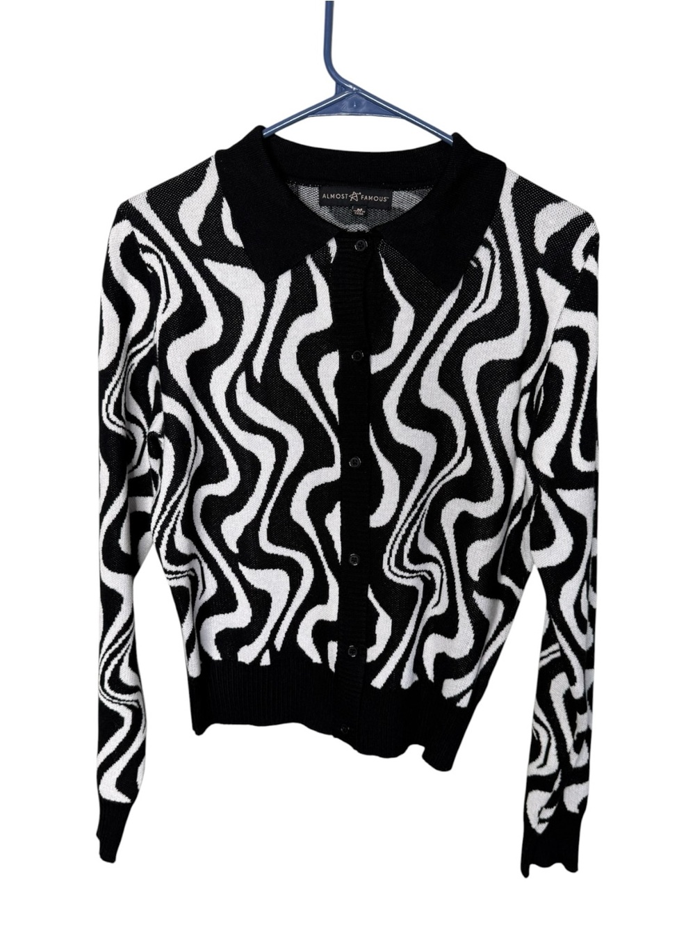 Almost Famous Black White Swirl Knit Polo Cardigan Sweater Size M Medium Retro